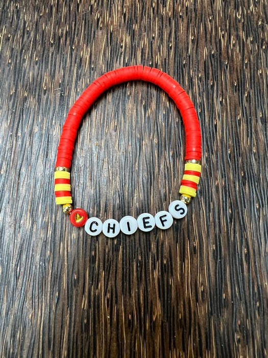 Paco Designs - Red-letter Heart Chiefs  Heishi Bracelet: Red