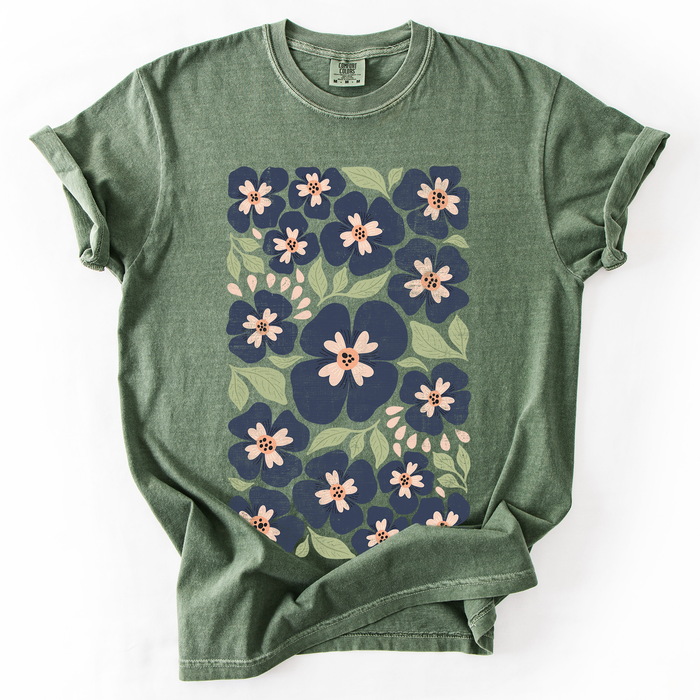 Refinery Number One LLC - Blue Wildflower Allover Floral, Vintage Boho, Nature T-Shirt: Brown / Medium