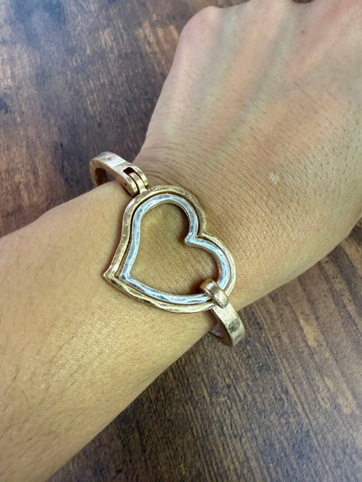 Paco Designs - Mixed Metal Heart Cuff Bracelet -Silver/Gold : Yellow Gold