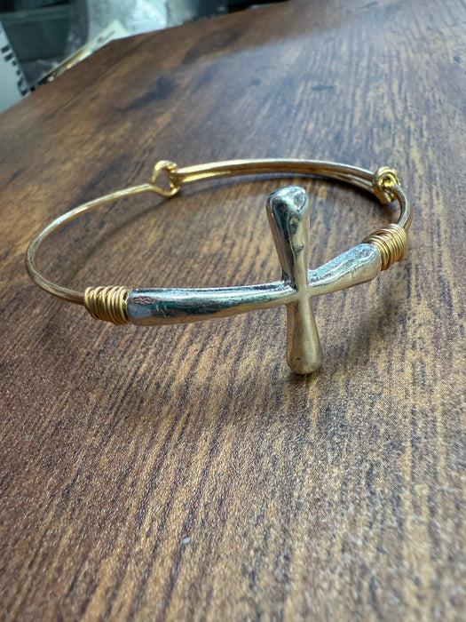 Paco Designs - Two-tone Wire Wrapped Cross Bangle Bracelet : Silver Cross- Gold Bangle