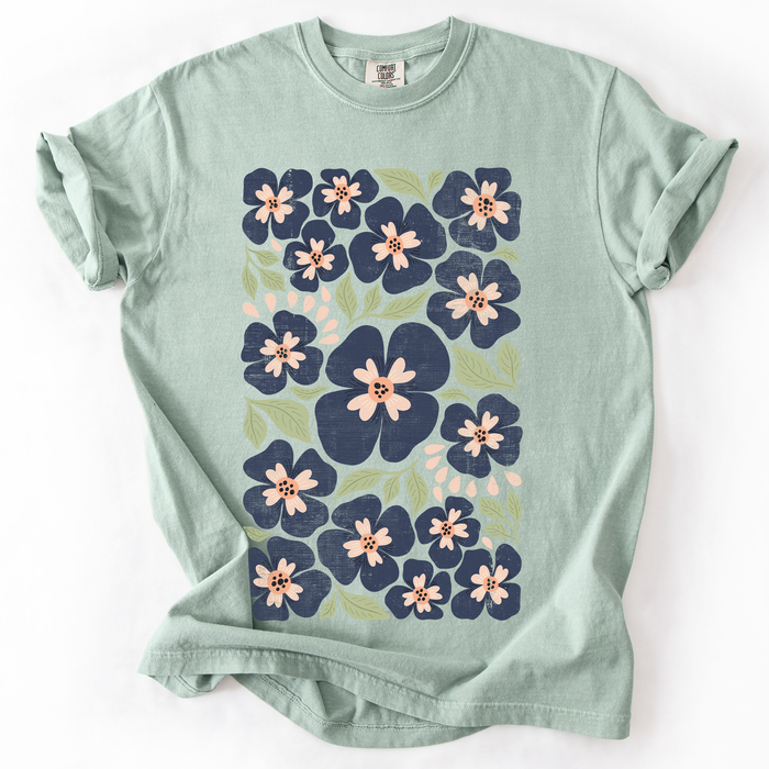 Refinery Number One LLC - Blue Wildflower Allover Floral, Vintage Boho, Nature T-Shirt: Brown / Large