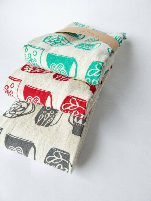 The High Fiber - Mug Kitchen Towel, Handprinted Tea Towel, Coffee Mug Print: Turquoise on Natural