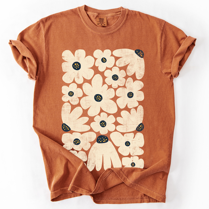 Refinery Number One LLC - Cream Daisy Allover Floral, Vintage Boho, Nature T-Shirt: Moss Green / XL