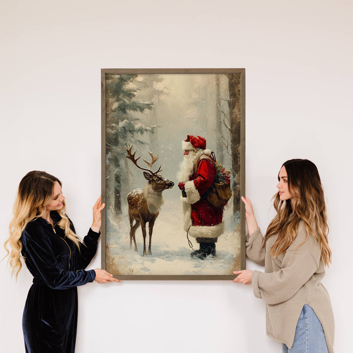 Hangout Home - Santa Claus and Reindeer - Christmas Canvas Art - Framed Art: 6x10" Mini Canvas Art with Wood Box Frame