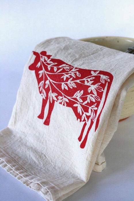 The High Fiber - Cow Tea Towel, Handprinted Kitchen Towel, Farmhouse Style: Black on Natural