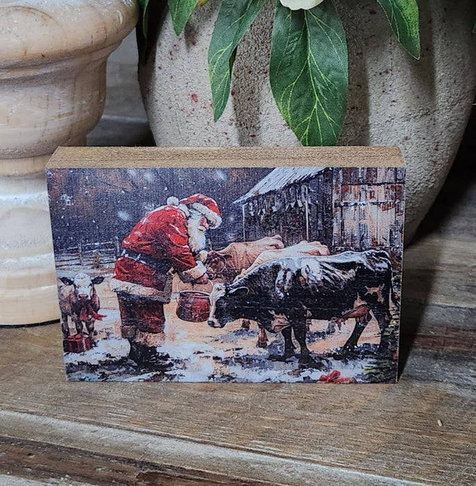 Redeemed Decor - 3.5x5" Printed Block Santa With Cows