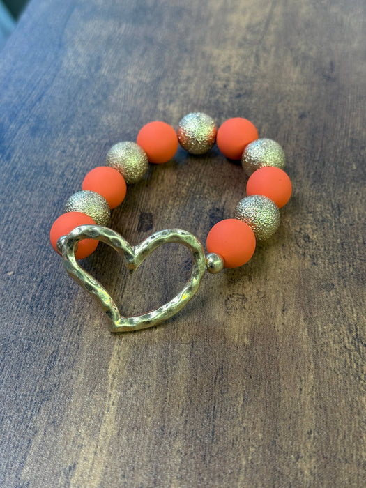 Paco Designs - Heart Pendant Gold & Orange Chunky Beaded Bracelet