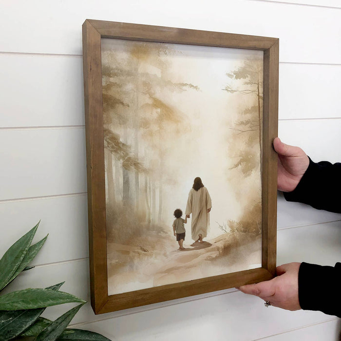 Hangout Home - Jesus Walking with Dark Haired Boy - Jesus Canvas Art : 6x10" Mini Canvas Art with Wood Box Frame