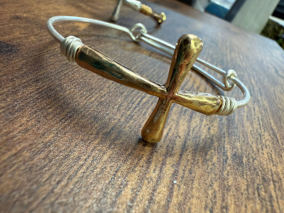Paco Designs - Two-tone Wire Wrapped Cross Bangle Bracelet : Gold
