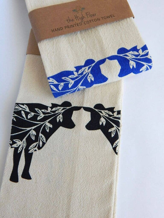 The High Fiber - Cow Tea Towel, Handprinted Kitchen Towel, Farmhouse Style: Red on Natural
