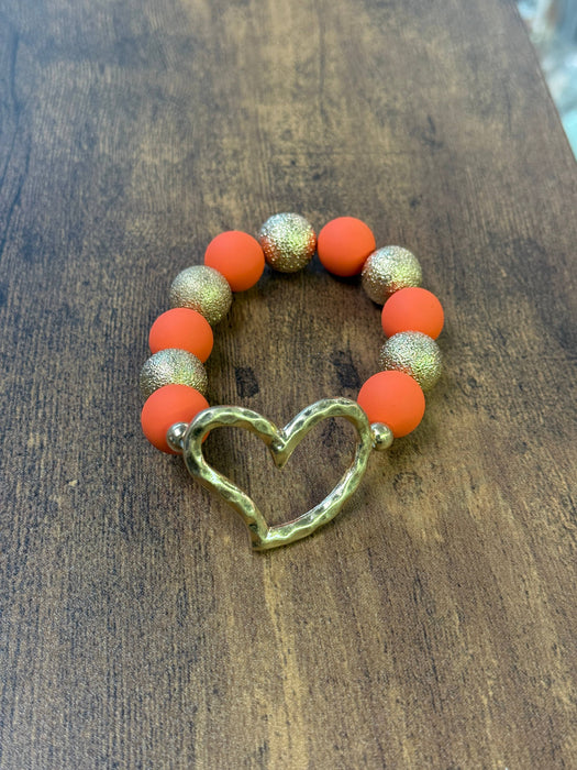 Paco Designs - Heart Pendant Gold & Orange Chunky Beaded Bracelet