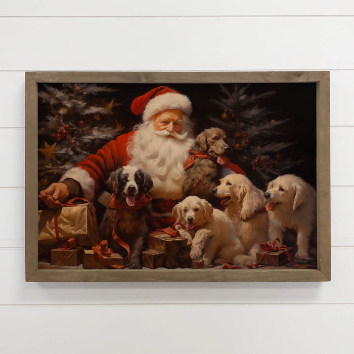 Hangout Home - Santa with Dogs - Santa Canvas Art - Wood Framed Wall Art: 6x10" Mini Canvas Art with Wood Box Frame