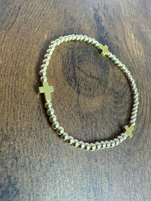 Paco Designs - Dainty Cross Accented Gold or Silver Beaded Bracelet: Silver