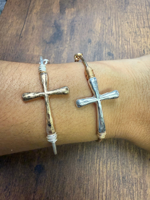 Paco Designs - Two-tone Wire Wrapped Cross Bangle Bracelet : Gold