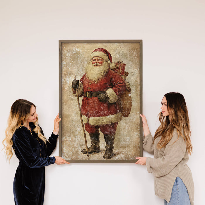 Hangout Home - Distressed Vintage Santa Painting - Santa Canvas Art - Frame: 12x18" Medium Canvas Art with Thick Wood Frame