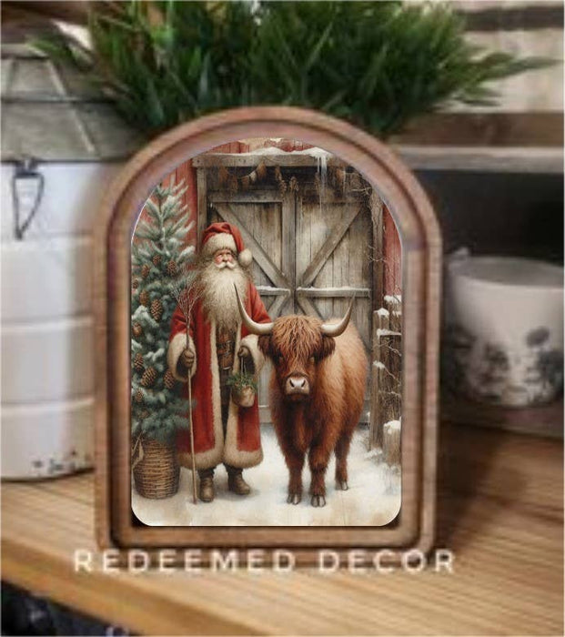 Redeemed Decor - Arch Top Highland Santa Red Framed Art: 6x8"