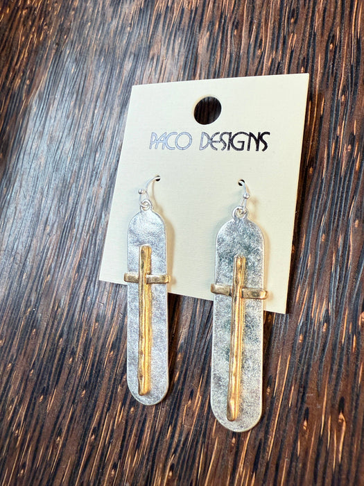 Paco Designs - Hammered Cross Oval Earrings: Gold