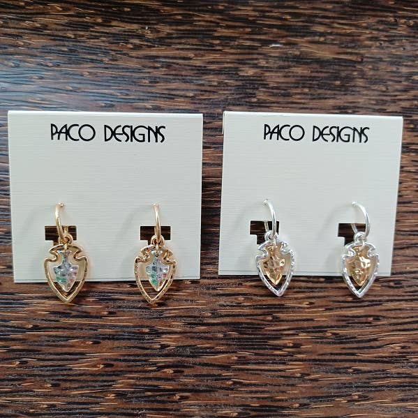 Paco Designs - Dainty Hammered Two Tone Arrowhead Earrings: Yellow Gold