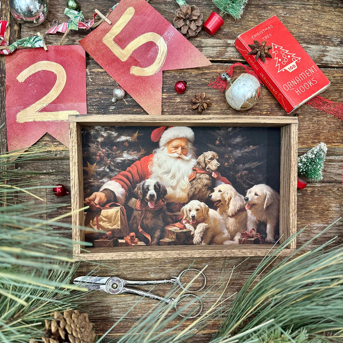 Hangout Home - Santa with Dogs - Santa Canvas Art - Wood Framed Wall Art: 6x10" Mini Canvas Art with Wood Box Frame