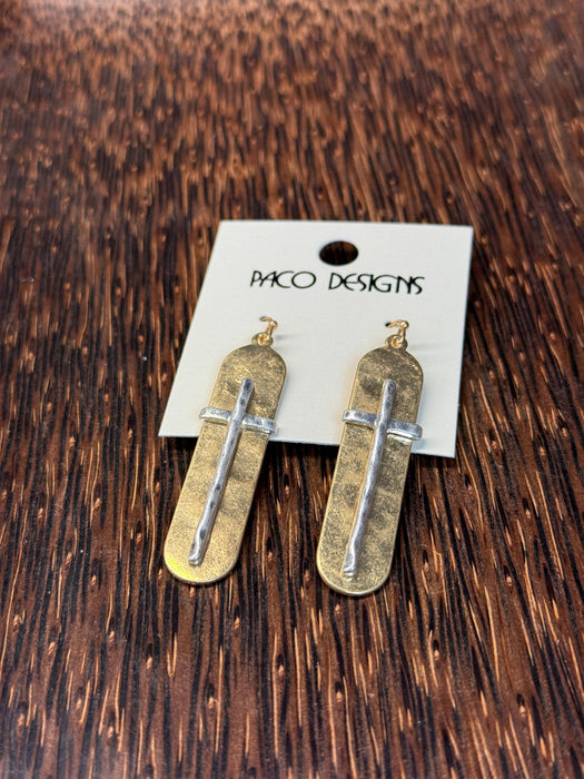 Paco Designs - Hammered Cross Oval Earrings: Silver