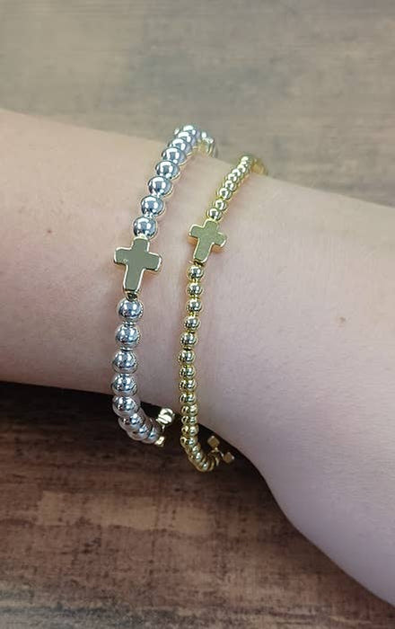 Paco Designs - Dainty Cross Accented Gold or Silver Beaded Bracelet: Silver
