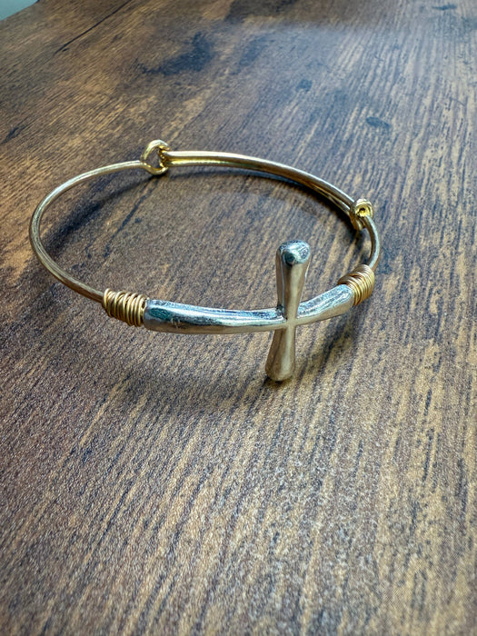 Paco Designs - Two-tone Wire Wrapped Cross Bangle Bracelet : Gold
