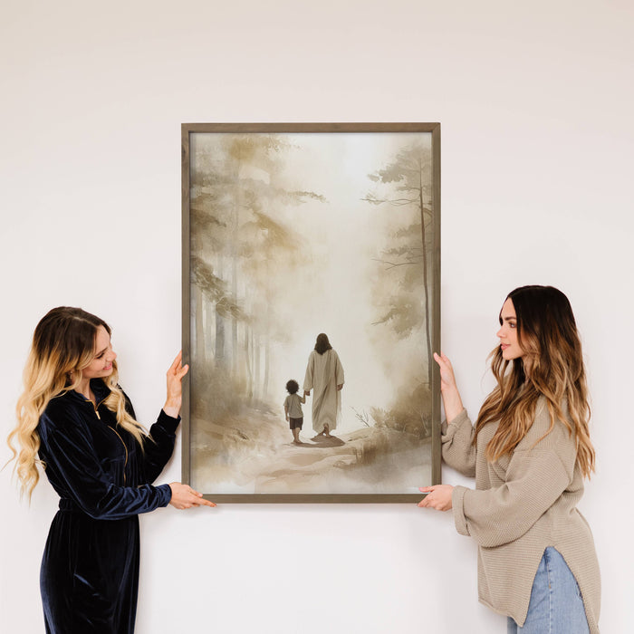 Hangout Home - Jesus Walking with Dark Haired Boy - Jesus Canvas Art : 6x10" Mini Canvas Art with Wood Box Frame