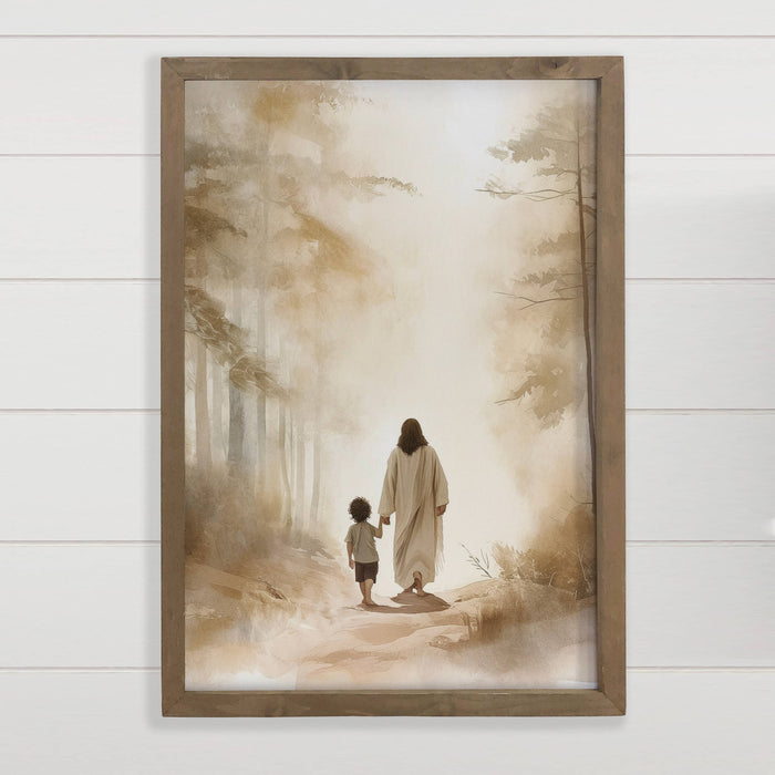 Hangout Home - Jesus Walking with Dark Haired Boy - Jesus Canvas Art : 6x10" Mini Canvas Art with Wood Box Frame