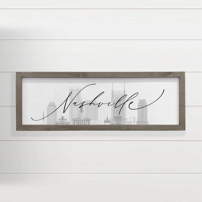 Hangout Home - Custom City Skyline - Modern Skyline Nashville - Wood Frame: 8x24" Long Canvas Art with Thick Wood Frame