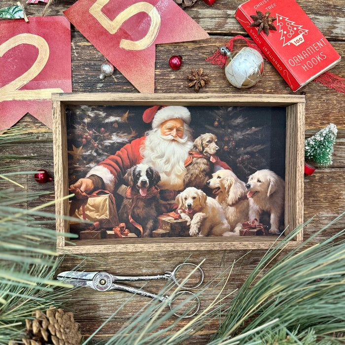 Hangout Home - Santa with Dogs - Santa Canvas Art - Wood Framed Wall Art: 6x10" Mini Canvas Art with Wood Box Frame