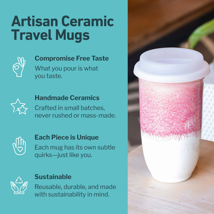 Nova Ceramics Travel Mugs - Coral Pink 16oz Ceramic Mug – (Includes Lid & Band)