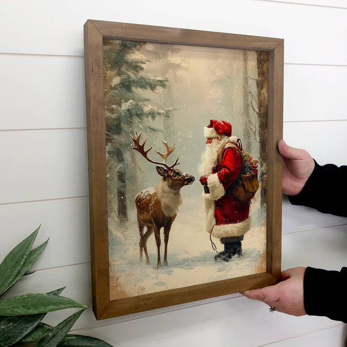 Hangout Home - Santa Claus and Reindeer - Christmas Canvas Art - Framed Art: 6x10" Mini Canvas Art with Wood Box Frame