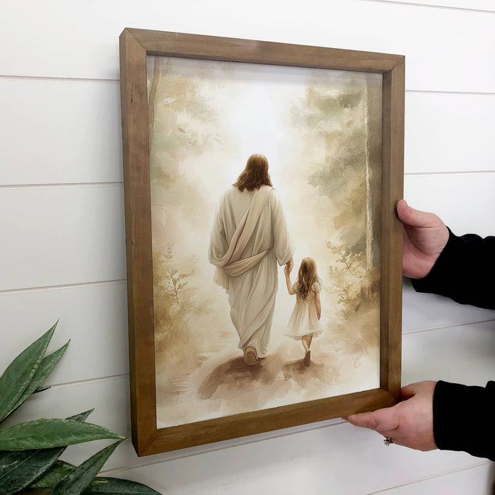 Hangout Home - Jesus Walking with Light Haired Girl - Jesus Canvas Art : 6x10" Mini Canvas Art with Wood Box Frame