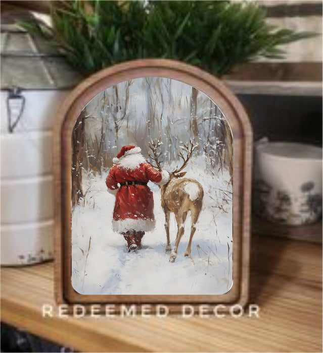 Redeemed Decor - Arch Top Santa With Reindeer Framed Art : 6x8"