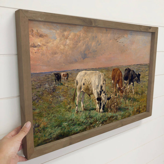 Hangout Home - Cows in a Pasture - Farmhouse Canvas Art - Wood Framed Art: 6x10" Mini Canvas Art with Wood Box Frame