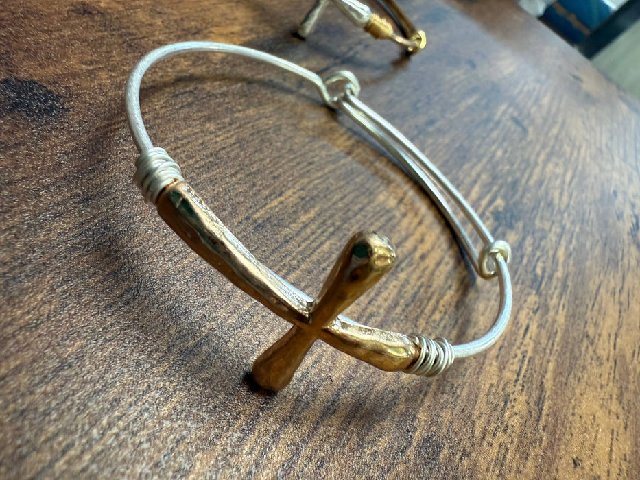 Paco Designs - Two-tone Wire Wrapped Cross Bangle Bracelet : Silver Cross- Gold Bangle