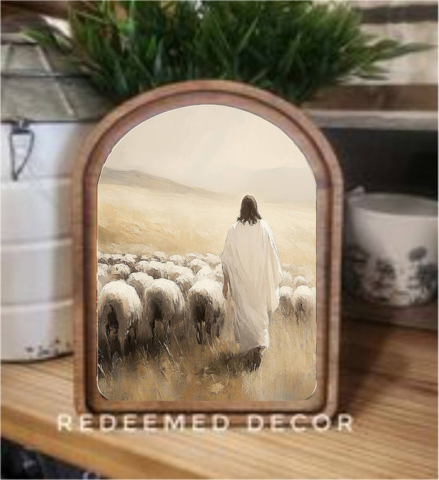 Redeemed Decor - Arch Top Jesus Sheep Framed Art : 8.25x11"