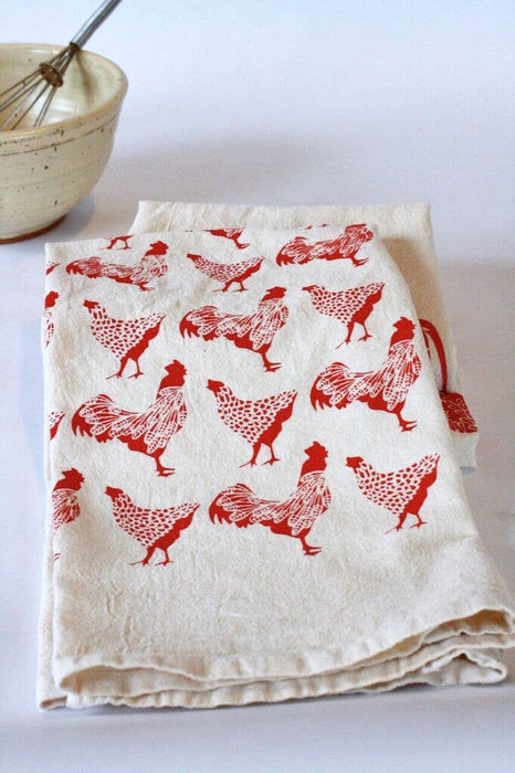 The High Fiber - Chicken Kitchen Towel, Handprinted Chicken Towel, Rooster: Black on Natural