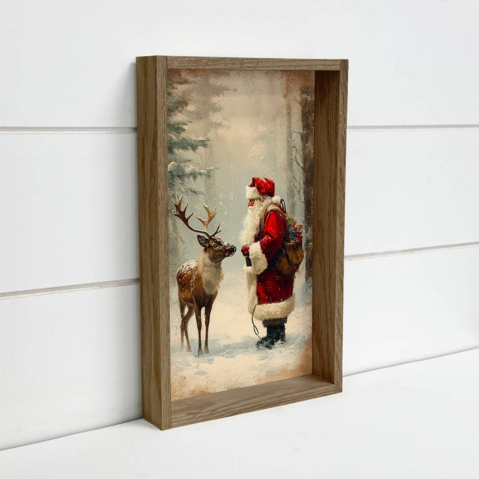 Hangout Home - Santa Claus and Reindeer - Christmas Canvas Art - Framed Art: 6x10" Mini Canvas Art with Wood Box Frame