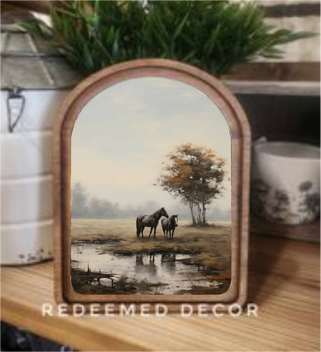 Redeemed Decor - Arch Top Pasture Horses Framed Art : 8.25x11"