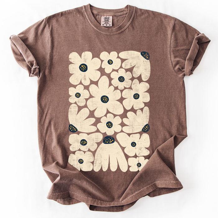 Refinery Number One LLC - Cream Daisy Allover Floral, Vintage Boho, Nature T-Shirt: Moss Green / Large