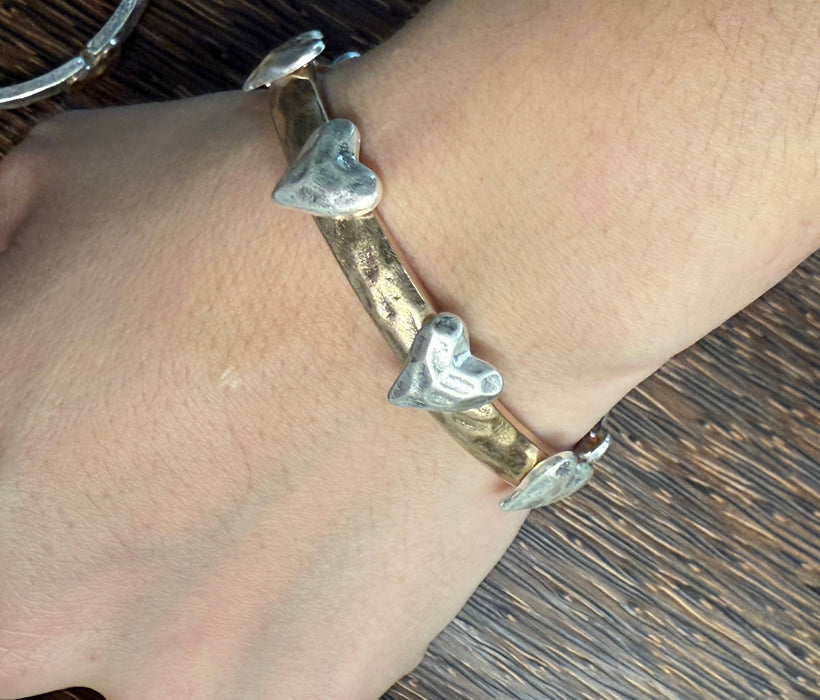Paco Designs - Heart Studded Two Tone Stretch Bangle Bracelet: Gold w/ Silver Heart