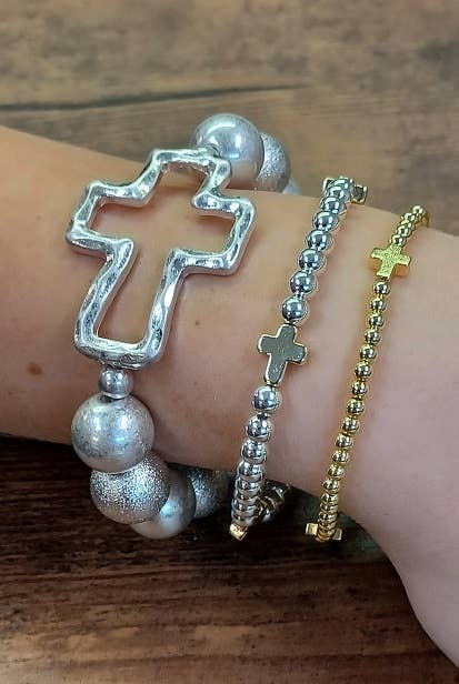 Paco Designs - Dainty Cross Accented Gold or Silver Beaded Bracelet: Silver