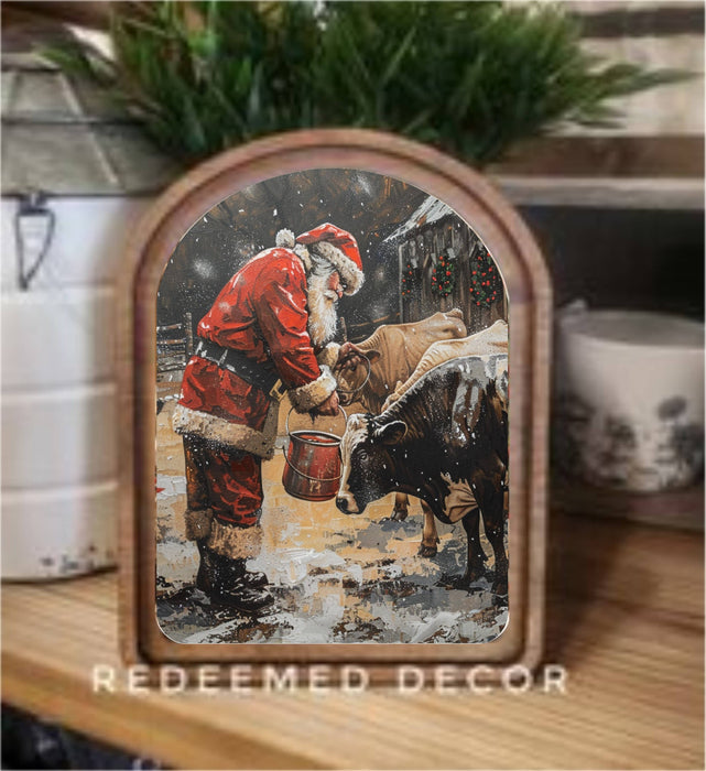 Redeemed Decor - Arch Top Santa With Cows Framed Art : 8.25x11"
