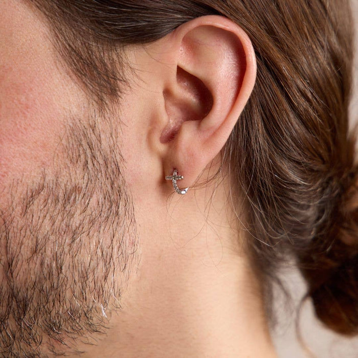 Nickel and Suede - Silver Waterproof Cross Huggie Earrings