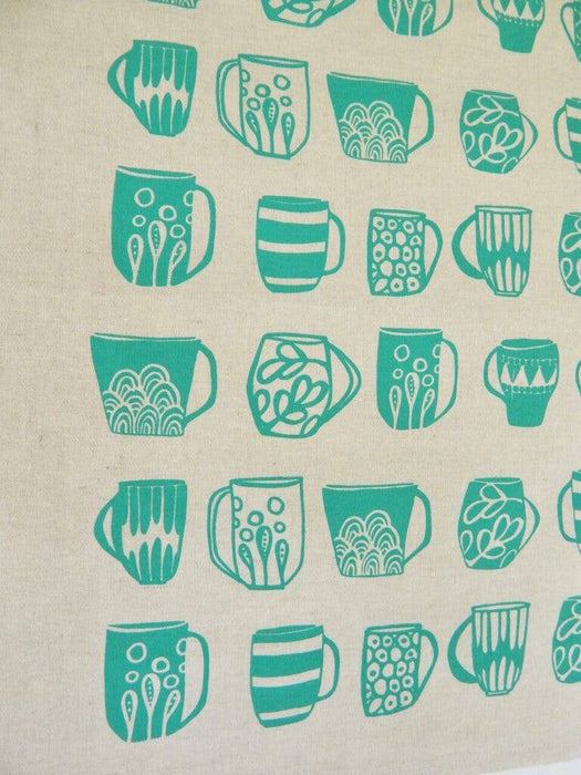 The High Fiber - Mug Kitchen Towel, Handprinted Tea Towel, Coffee Mug Print: Turquoise on Natural