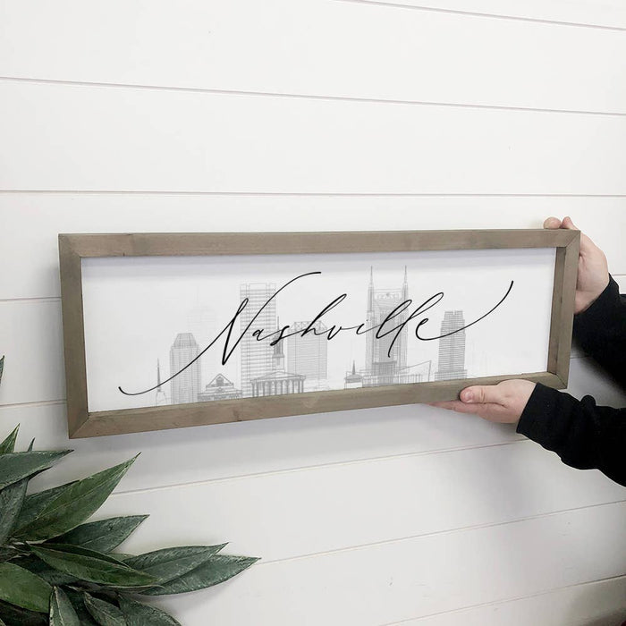 Hangout Home - Custom City Skyline - Modern Skyline Nashville - Wood Frame: 8x24" Long Canvas Art with Thick Wood Frame
