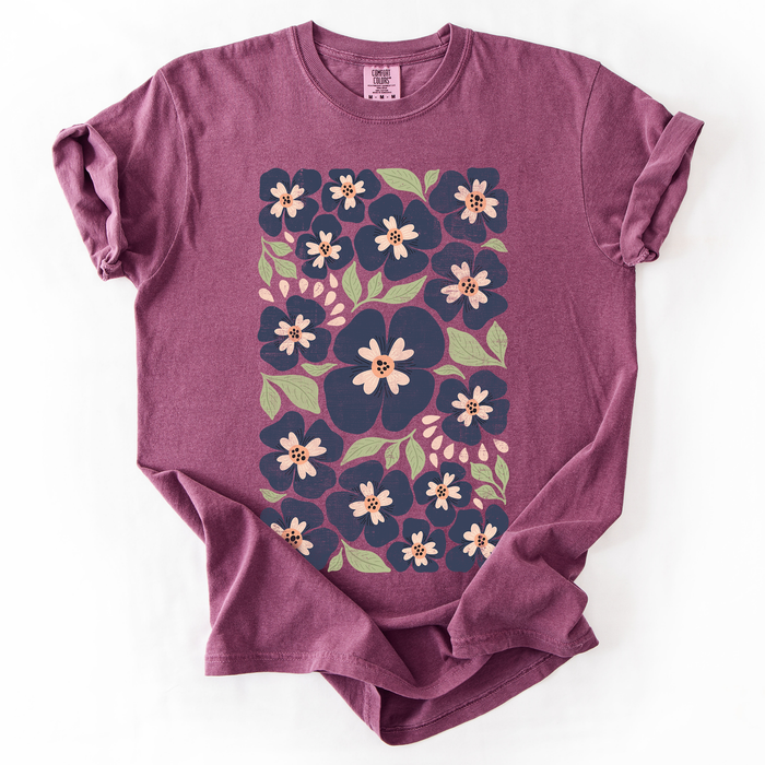 Refinery Number One LLC - Blue Wildflower Allover Floral, Vintage Boho, Nature T-Shirt: Brown / Large