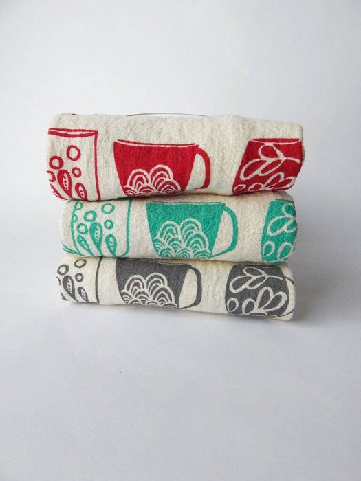 The High Fiber - Mug Kitchen Towel, Handprinted Tea Towel, Coffee Mug Print: Turquoise on Natural