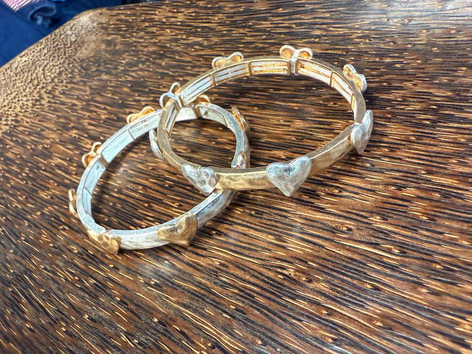 Paco Designs - Heart Studded Two Tone Stretch Bangle Bracelet: Silver w/ Gold Heart